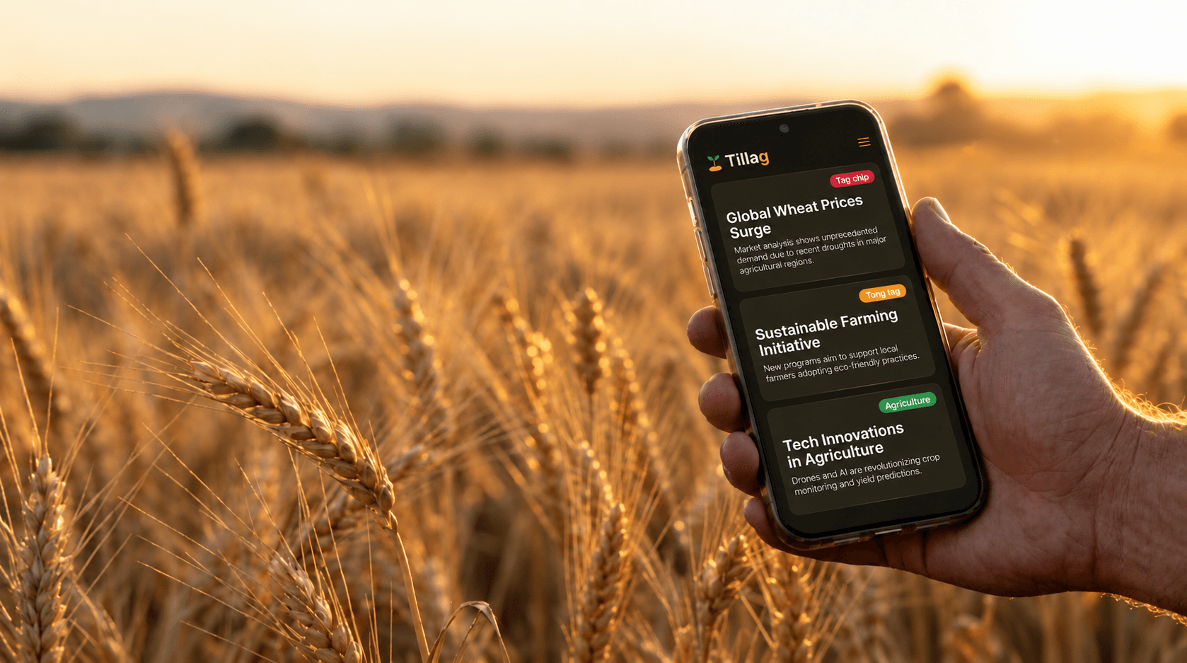 A hand holding a phone in a sunlit wheat field, the Tillag feed on screen showing summarized agriculture news
